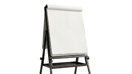 Floor standing metal easel with large blank paper pad for artistic sketching and teaching. Sturdy black frame design suitable for studio use and presentations. © ATIQULISLAM