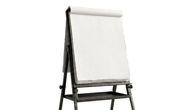 Floor standing metal easel with large blank paper pad for artistic sketching and teaching. Sturdy black frame design suitable for studio use and presentations.