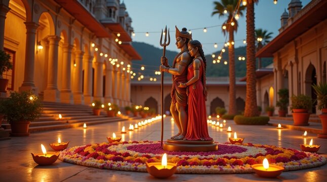 Estatua del dios hind&uacute; Rama de pie junto a Sita durante Diwali
