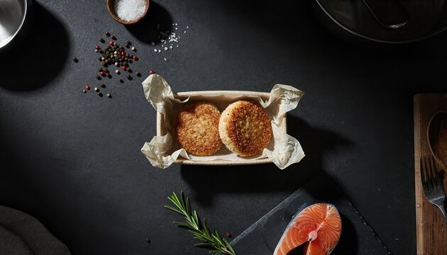 Sophisticated dark and moody salmon fishcakes presentation