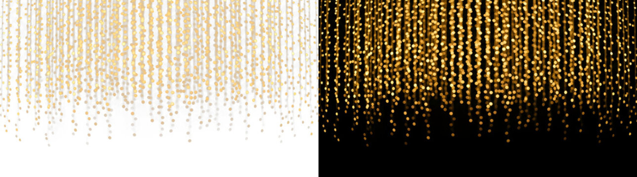 Golden glittering vertical strings curtain falling down with vertical