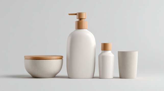 Minimalist White Bathroom Accessories Set With Bamboo Lids And Terrazzo Texture On Grey Background