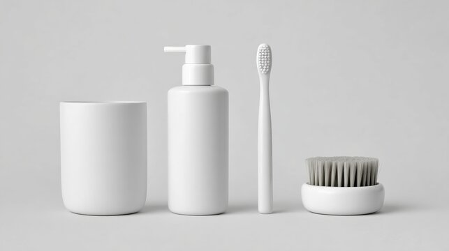 Minimalist White Bathroom Accessories Set With Toothbrush And Dispenser Bottle On Grey Background