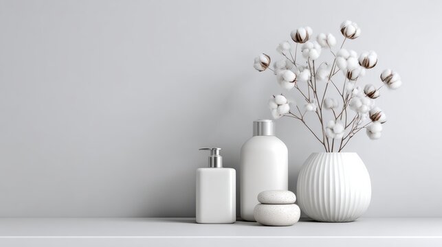 Minimalist White Bathroom Bottles and Cotton Flower Branches in a Vase Against a Plain Grey Wall