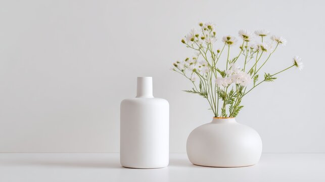 Minimalist White Ceramic Vases With Delicate White Flowers On A Clean Bright Background