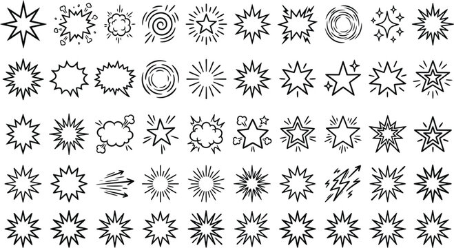 Burst symbols collection featuring dynamic stars and explosion shapes in black.