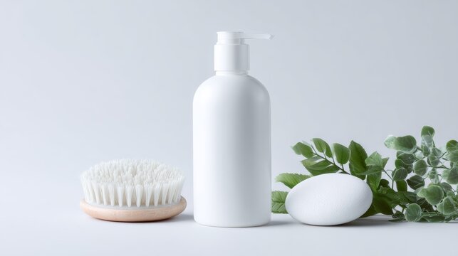 Minimalist White Cosmetic Bottle With Body Brush And Soap On Light Gray Background For Skin Care