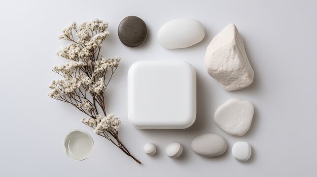 Minimalist White Cosmetic Box Surrounded By Natural Stones And Dried Flowers On White Background