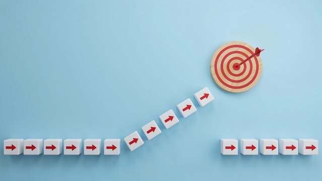 Red arrows on cubes ascend towards a bullseye symbolizing business growth and achievement