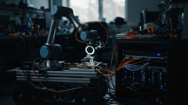 Robotic arm, mobile robot base, edge compute rack, vision camera, and sensor modules connected by fiber cables in a dim lab.