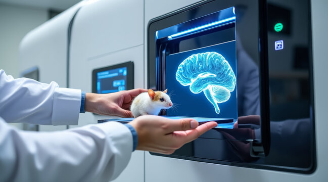 Lab technician holding white mouse near advanced scanner showing brain hologram, scientific research, neuroscience study