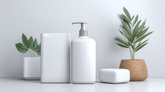Minimalist White Cosmetic Set With Pump Bottle And Soap Bar Beside Potted Green Plants On Table
