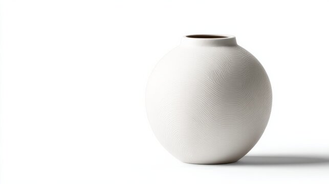 Minimalist White Spherical Ceramic Vase With Textured Geometric Pattern Against A Plain Background