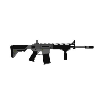 Modern assault rifle vector illustration, tactical automatic carbine with grip and scope, military firearm icon for gaming and security