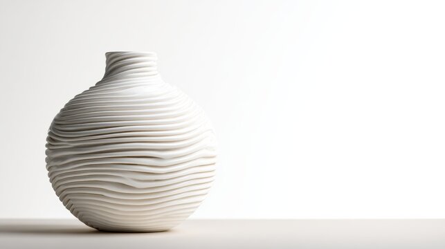 Minimalist White Textured Ceramic Vase With Horizontal Wavy Patterns Isolated On A Soft Neutral Backdrop