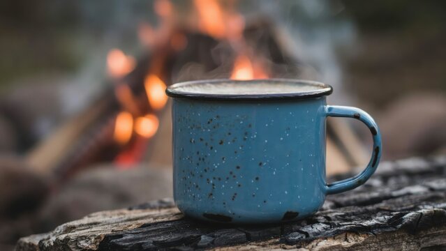 A steaming blue enamel mug rests on a charred log by a campfire. Perfect for outdoor adventure and cozy camping lifestyle marketing themes.