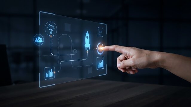 Startup idea activation. A finger presses a glowing button on a futuristic holographic interface, initiating a rocket launch sequence representing business growth and innovation