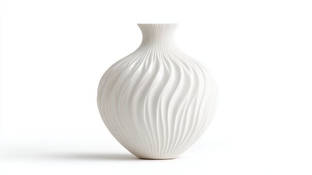 Minimalist White Textured Ceramic Vase With Wave Patterns On A Pure White Background High Key Studio