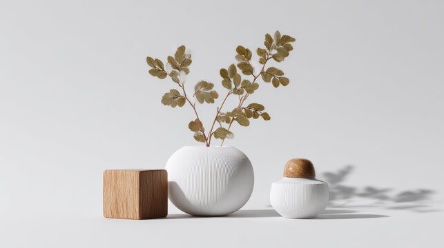Minimalist White Textured Vases With Cork Lids And Dried Foliage On A Neutral Soft Grey Background