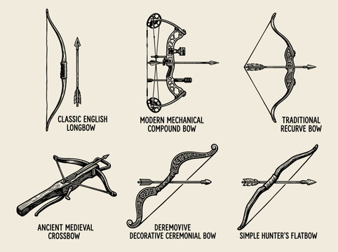 Linocut illustration set of six archery bow and arrow variety, isolated on white background, vector design