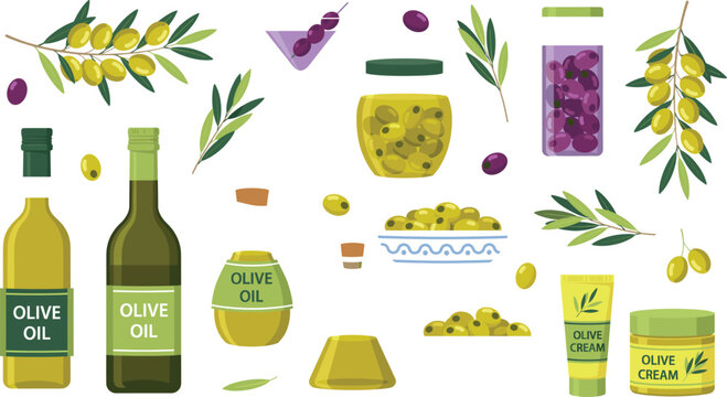Hand Painted Olive Oil and Mediterranean Food Illustration Featuring Olive Branches, Green and Black Olives, Olive Oil Bottles, Olive Jars, Olive Cream, and Fresh Herbs