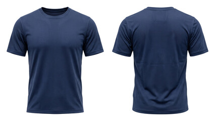 Fototapeta premium Dark blue athletic performance mesh t shirt front and back view isolated on transparent background for sports apparel design and activewear branding mockups