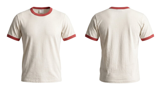 White ringer t shirt with red collar and sleeve cuffs front and back view isolated on transparent background for custom graphic design apparel branding display