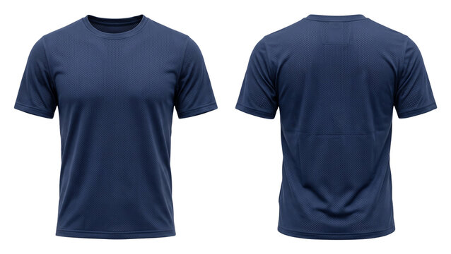 Dark blue athletic performance mesh t shirt front and back view isolated on transparent background for sports apparel design and activewear branding mockups