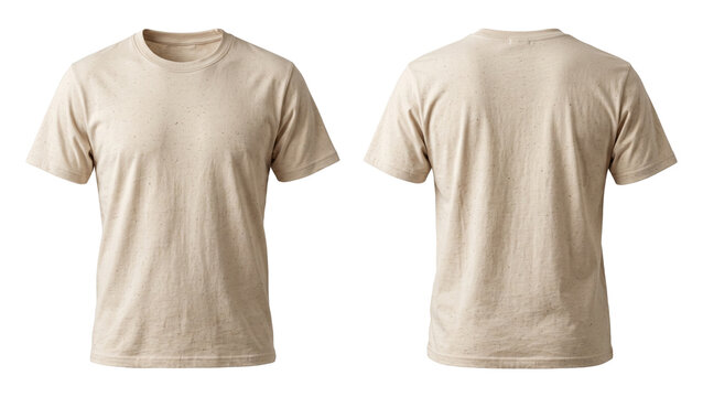 Beige speckled t shirt front and back view isolated on transparent background for casual cotton apparel branding design and fashion clothing retail store mockups
