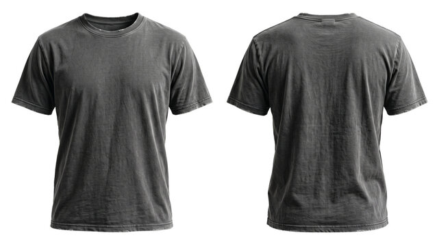 Vintage grey washed t shirt front and back view isolated on transparent background for distressed streetwear apparel design and urban fashion clothing mockups