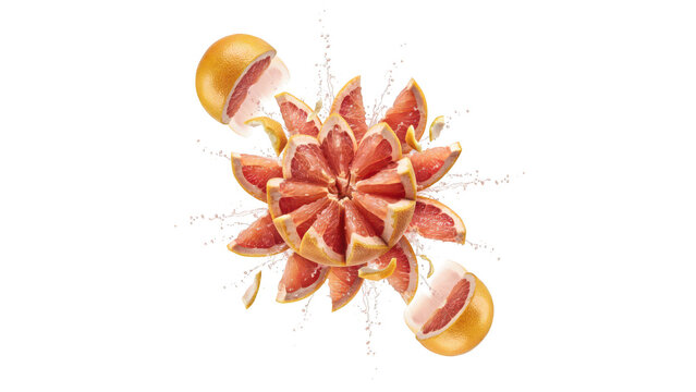 Sliced segments of a fresh pink grapefruit splashing into clear water, creating a dynamic explosion of fruit pieces and droplets on black background