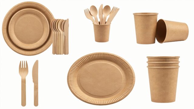 Eco-friendly disposable tableware including plates, cups, and cutlery isolated on white background. Perfect for sustainable catering and zero waste living concepts.