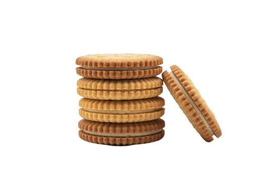 A stack of four round sandwich cookies with cream filling and one leaning beside them on a white background, isolated on a, transparent background
