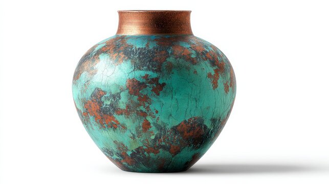 Rustic Oxidized Teal And Copper Ceramic Vase Isolated On White Background With Subtle Shadows