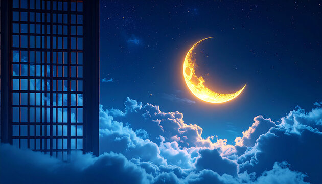 窓越しに見える輝く三日月と夜空の雲　神秘的で幻想的な月夜の風景　和風建築の障子と星空　コピースペースがある壁紙素材　チラシやバナー用の静寂な夜のイメージ背景