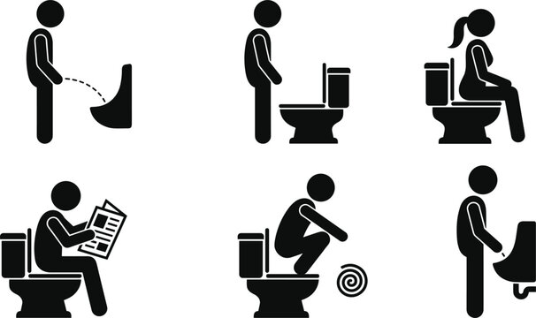 Public restroom toilet rules stick figure icon set with people urinating sitting squatting and reading newspaper vector illustration