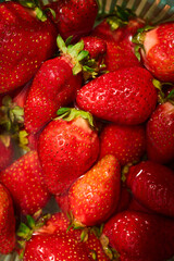 Red strawberries sit in a bowl filled with water. The close-up view shows the texture and shine of the fruit. Light reflects off the surface. This captures the freshness of the strawberries. © bondarillia