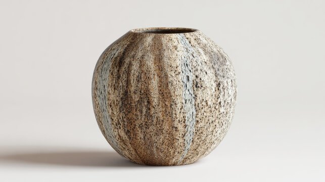 Textured Round Ceramic Vase With Speckled Brown And White Glaze On A Minimalist Light Grey Background