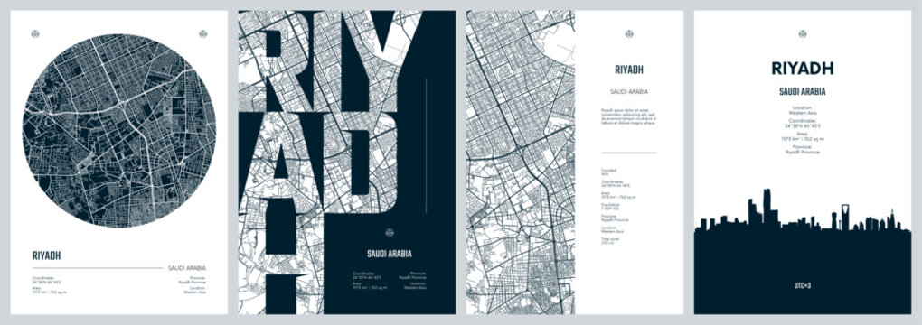 Set of travel posters design with street plan Riyadh, is the capital and largest city of Saudi Arabia, Silhouette city skyline, vector artwork, Monochrome printable detailed urban city map