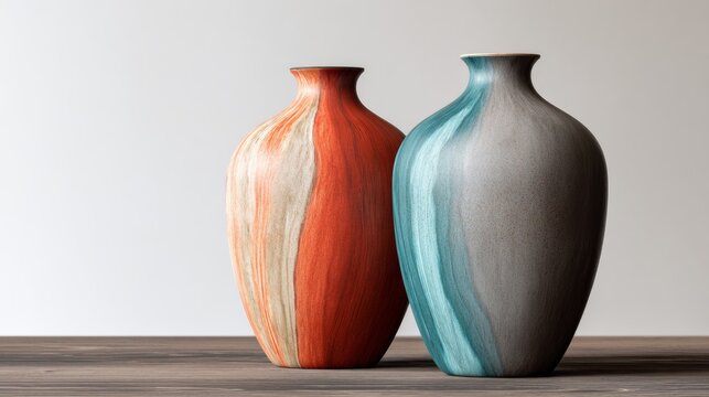 Two Decorative Ceramic Vases With Textured Earthy Orange And Blue Glaze On A Dark Wooden Surface
