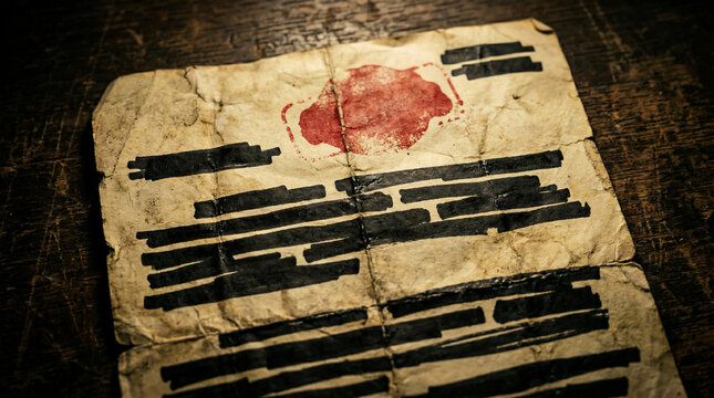 Old vintage document with redacted text and red wax seal on a dark wooden table