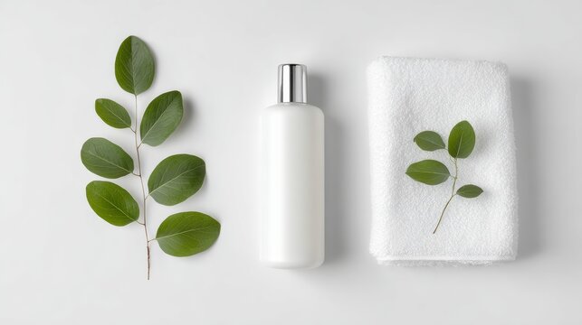 White Cosmetic Bottle With A Folded White Towel And Green Eucalyptus Leaves On A Light Background