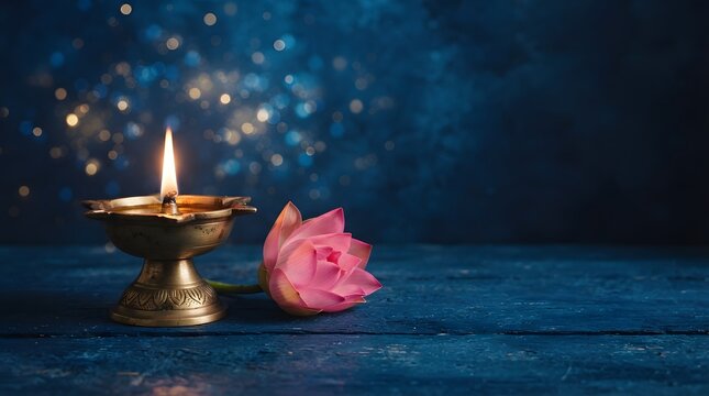 Diya lamp and lotus flower on blue background