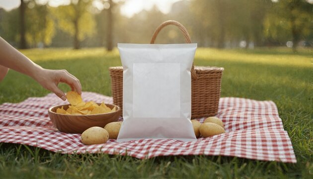 Sunlit snack bag with a white label at a picturesque outdoor garden picnic