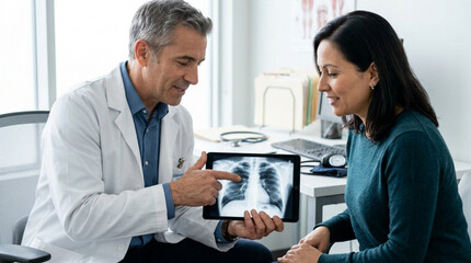 Obraz premium Doctor showing patient X-ray on tablet, medical consultation, healthcare and diagnosis