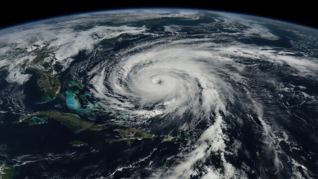 A powerful hurricane swirls over the ocean as seen from space. Satellite imagery illustrating climate change and extreme weather patterns.