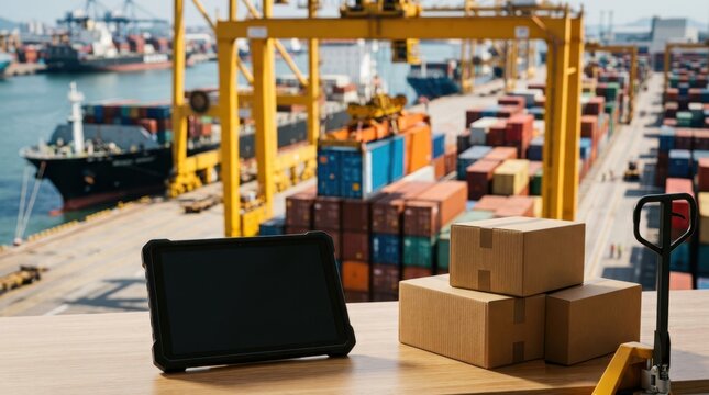 Intermodal containers, dock crane, pallet jacks, sealed cartons, and tablet on an operations desk for 4pl logistics and port coordination.