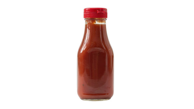 A glass bottle filled with thick red tomato ketchup sauce, featuring a bright red plastic screw cap, isolated on a clean white background