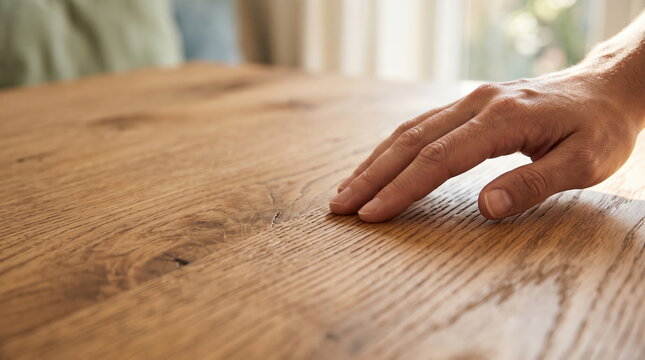 Close-up of a hand tracing the grain of a warm wooden surface