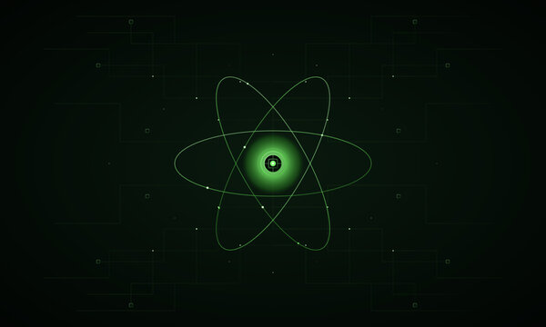 Futuristic green quantum atom model with glowing orbital rings vector
